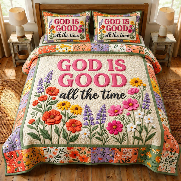 Floral Bible quilted 3-piece bedding set on a made bed in a softly lit bedroom