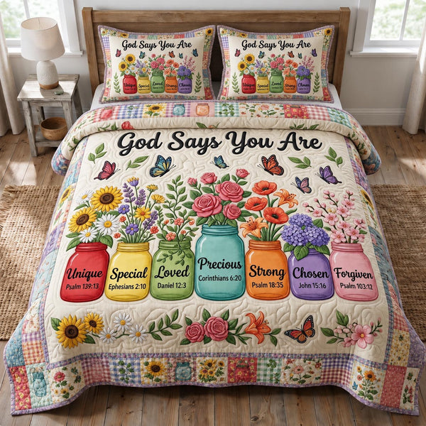 Floral Bible quilted 3-piece bedding set on a made bed in a softly lit bedroom