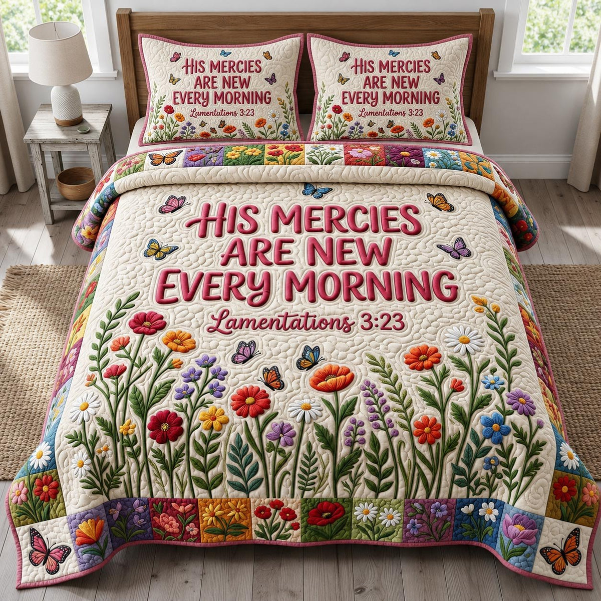 Floral Bible 3-Piece Quilted Bedding Set - Design 26 — quilt and two matching pillow shams