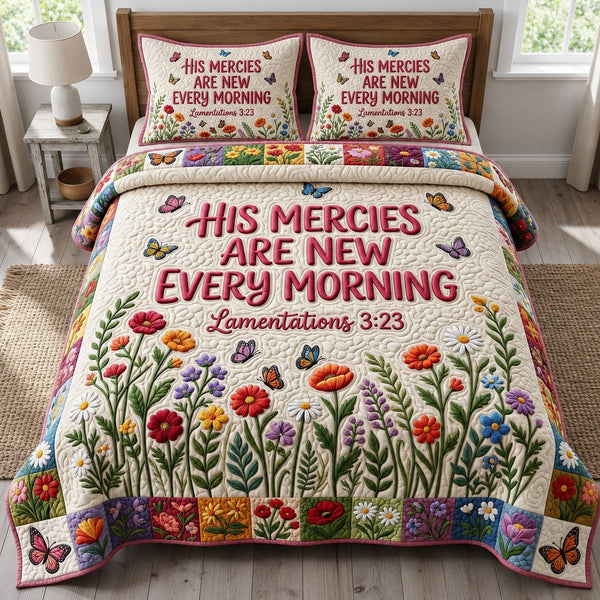 Floral Bible quilted 3-piece bedding set on a made bed in a softly lit bedroom