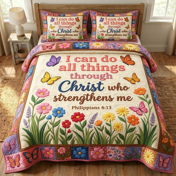 Floral Bible quilted 3-piece bedding set on a made bed in a softly lit bedroom
