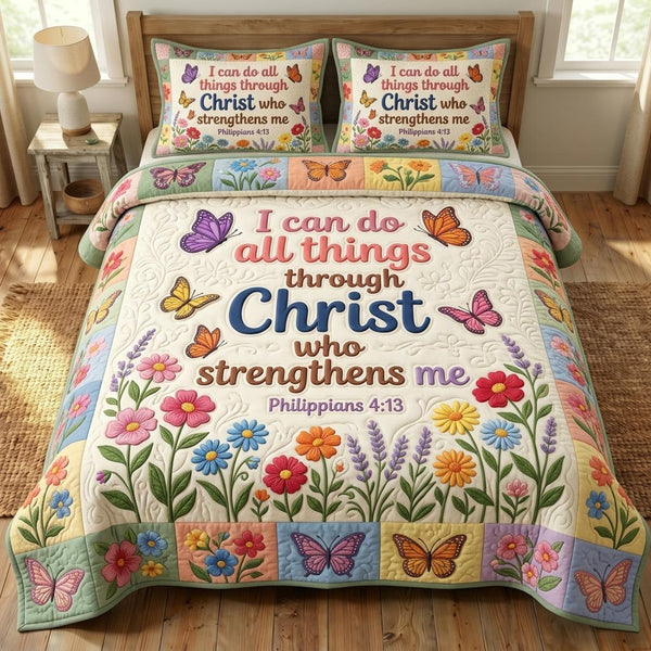 Floral Bible quilted 3-piece bedding set on a made bed in a softly lit bedroom