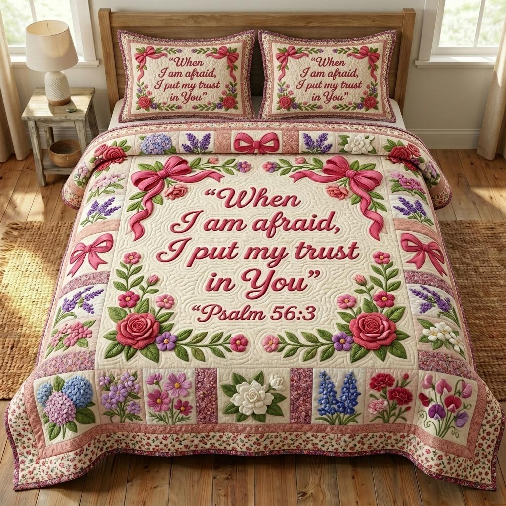 Floral Bible 3-Piece Quilted Bedding Set - Design 30 — quilt and two matching pillow shams