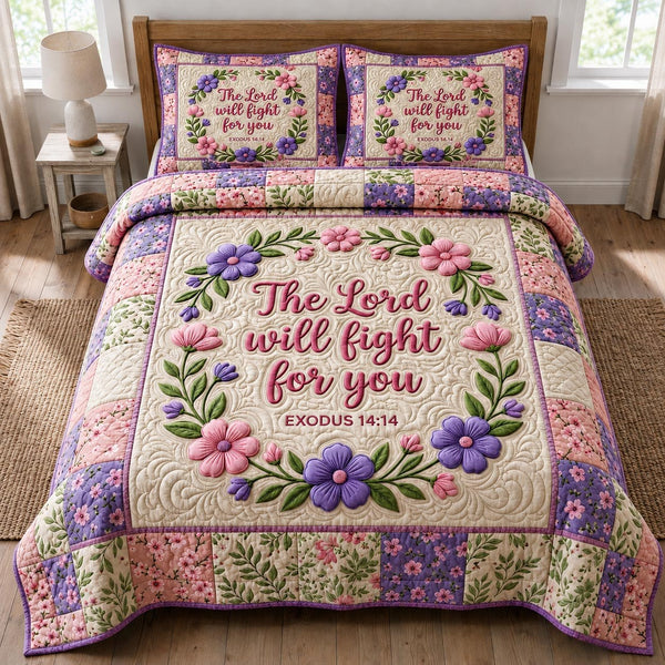 Floral Bible 3-Piece Quilted Bedding Set - Design 31 — quilt and two matching pillow shams