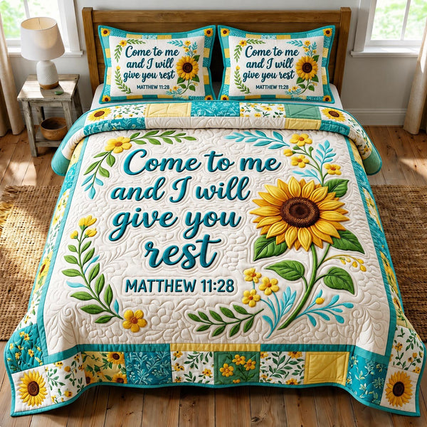 Floral Bible quilted 3-piece bedding set on a made bed in a softly lit bedroom