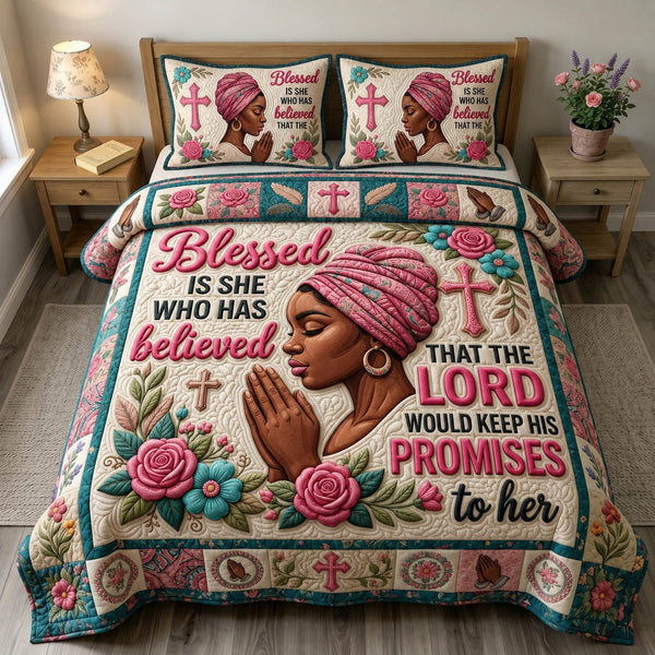 Christian Faith quilted 3-piece bedding set on a made bed in a softly lit bedroom