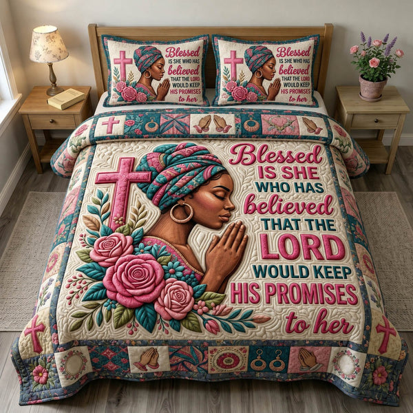 Christian Faith quilted 3-piece bedding set on a made bed in a softly lit bedroom