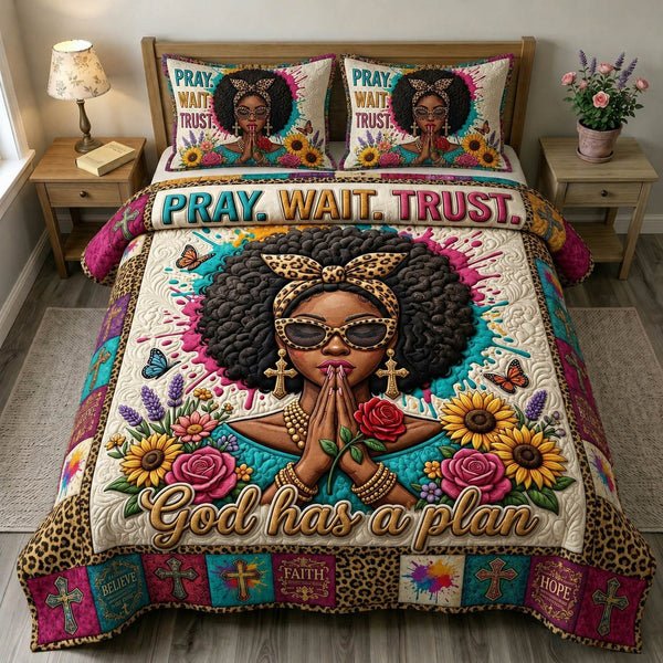 Christian Faith quilted 3-piece bedding set on a made bed in a softly lit bedroom