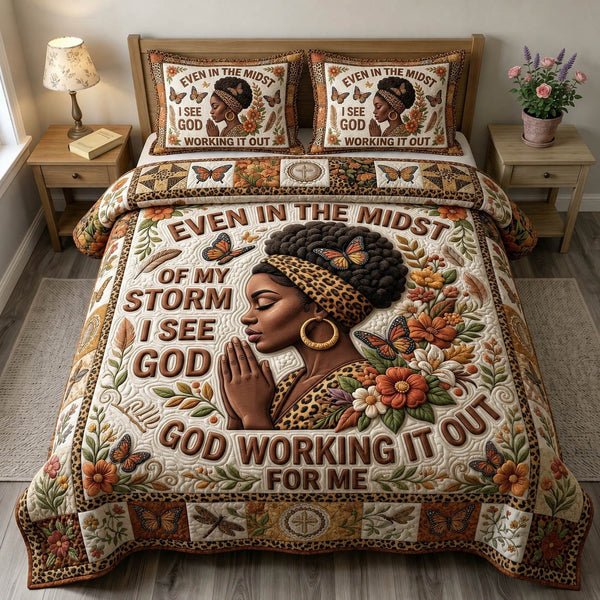 Christian Faith quilted 3-piece bedding set on a made bed in a softly lit bedroom