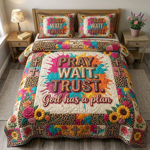 Christian Faith quilted 3-piece bedding set on a made bed in a softly lit bedroom