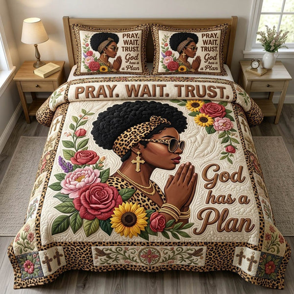 Christian Faith quilted 3-piece bedding set on a made bed in a softly lit bedroom