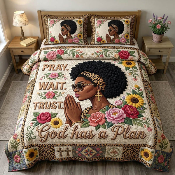 Christian Faith quilted 3-piece bedding set on a made bed in a softly lit bedroom