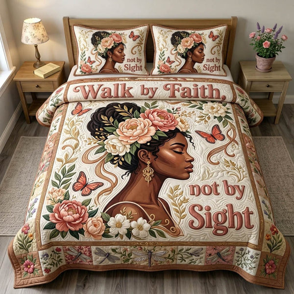 Christian Faith quilted 3-piece bedding set on a made bed in a softly lit bedroom