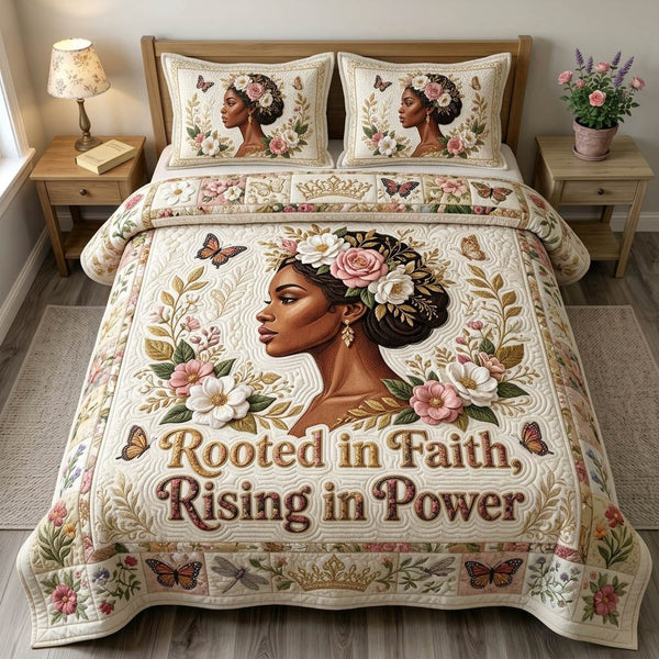Christian Faith quilted 3-piece bedding set on a made bed in a softly lit bedroom