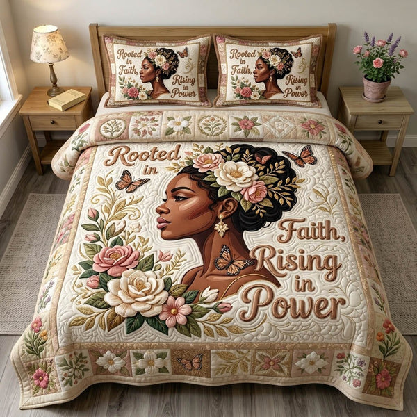 Christian Faith quilted 3-piece bedding set on a made bed in a softly lit bedroom