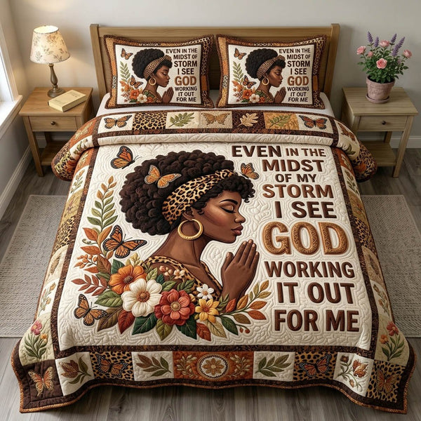Christian Faith quilted 3-piece bedding set on a made bed in a softly lit bedroom