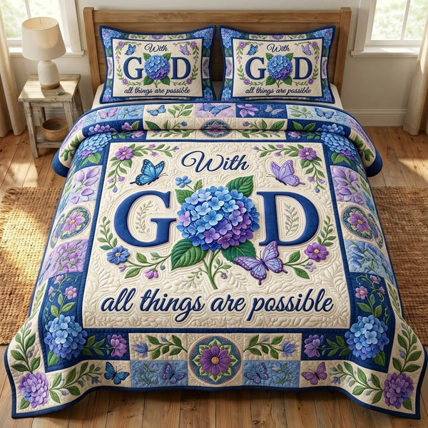 Floral Bible quilted 3-piece bedding set on a made bed in a softly lit bedroom