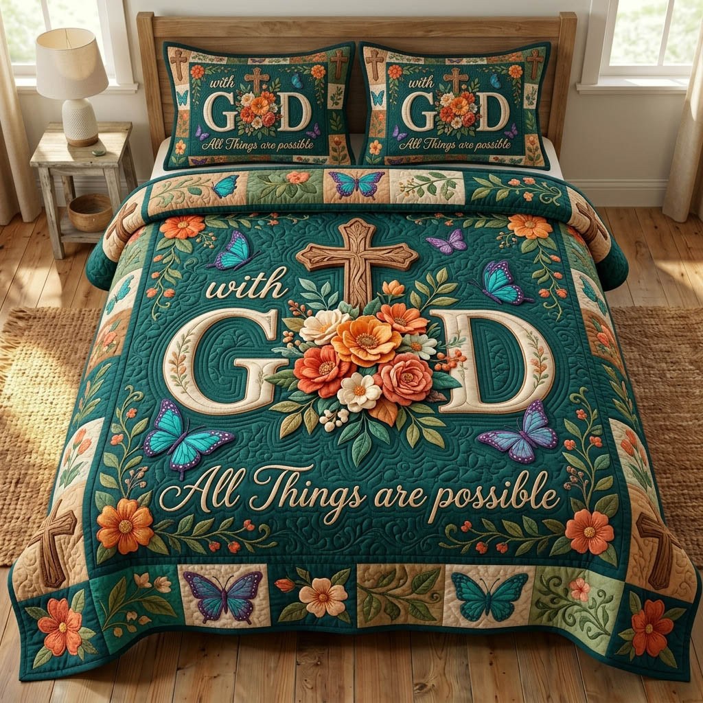 Floral Bible 3-Piece Quilted Bedding Set - Design 35 — quilt and two matching pillow shams