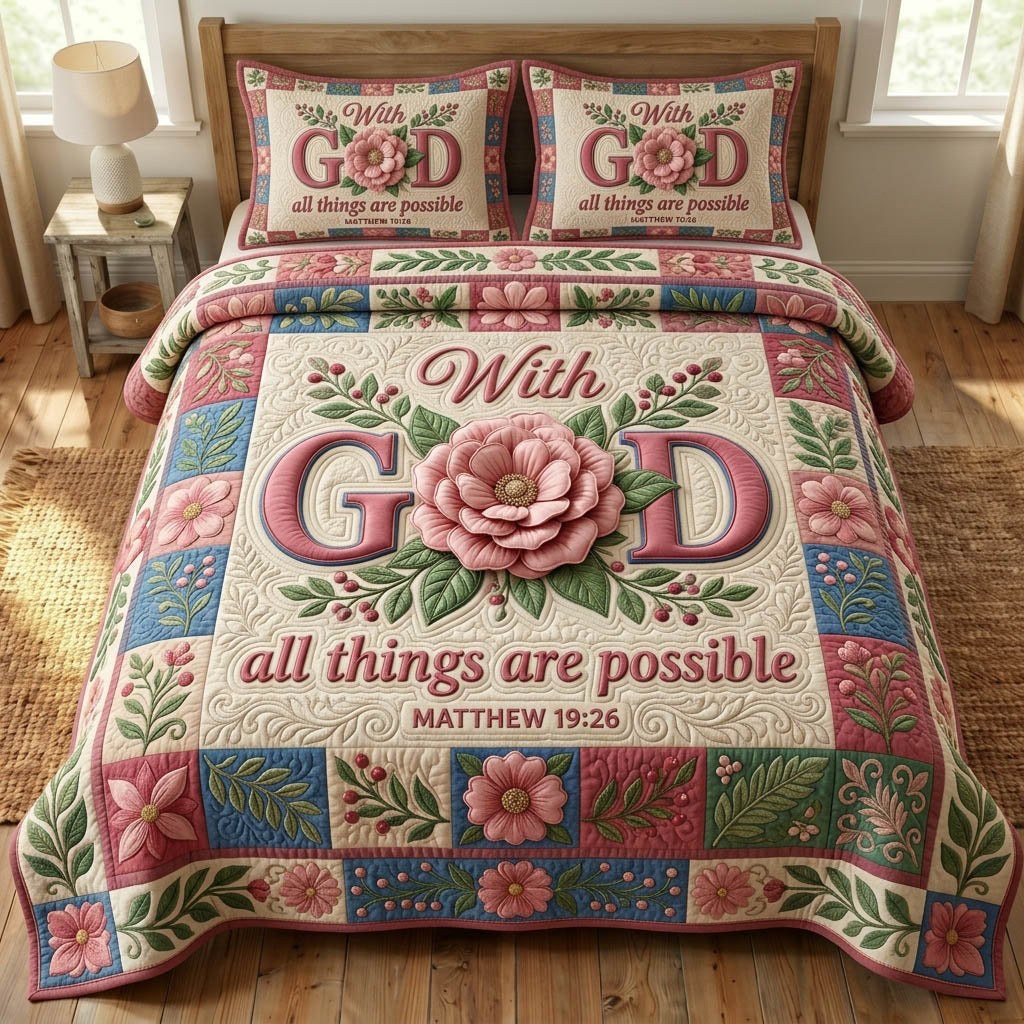 Floral Bible 3-Piece Quilted Bedding Set - Design 36 — quilt and two matching pillow shams