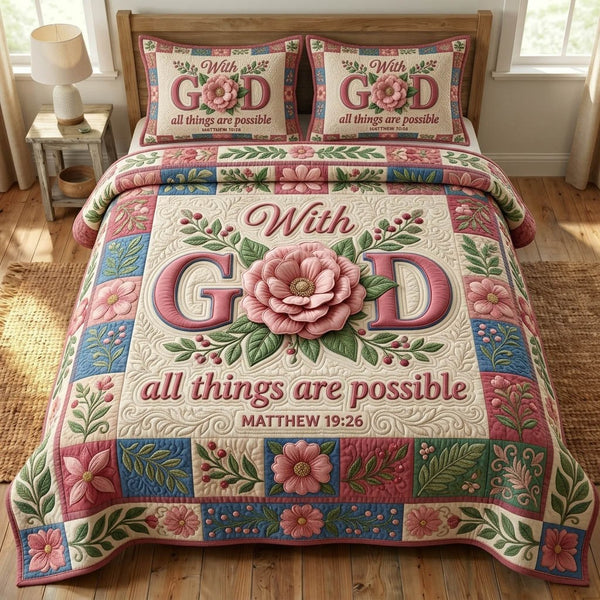 Floral Bible 3-Piece Quilted Bedding Set - Design 36 — quilt and two matching pillow shams