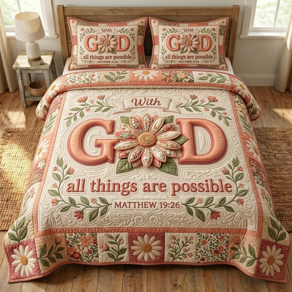 Floral Bible quilted 3-piece bedding set on a made bed in a softly lit bedroom