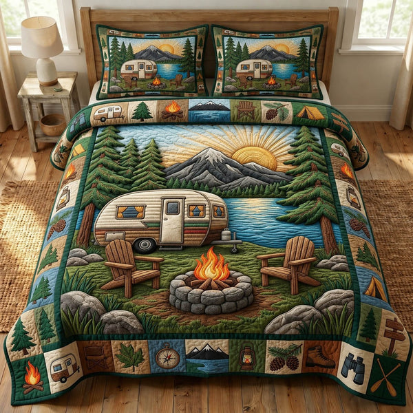 Camping Life quilted 3-piece bedding set on a made bed with two matching pillow shams