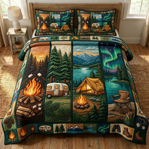 Camping Life quilted 3-piece bedding set on a made bed with two matching pillow shams