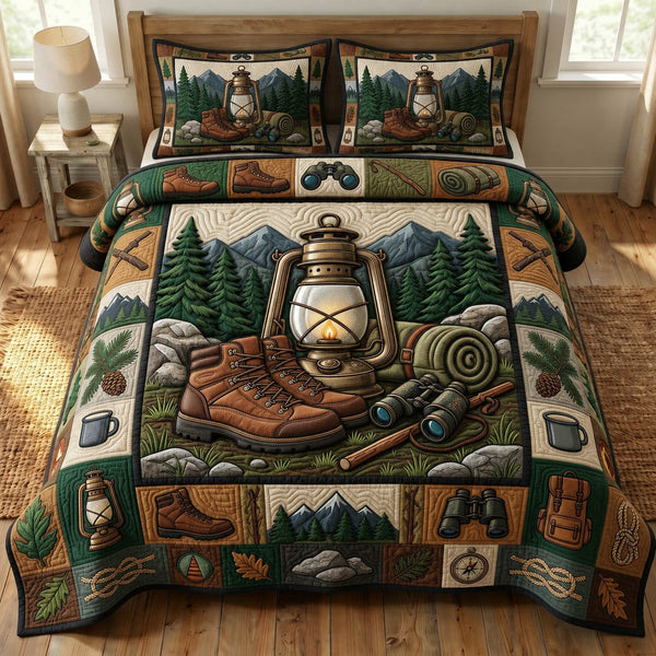 Camping Life quilted 3-piece bedding set on a made bed with two matching pillow shams