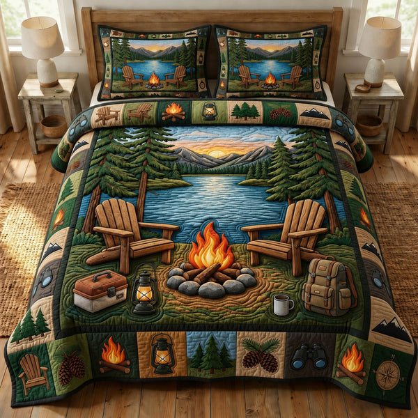 Camping Life quilted 3-piece bedding set on a made bed with two matching pillow shams