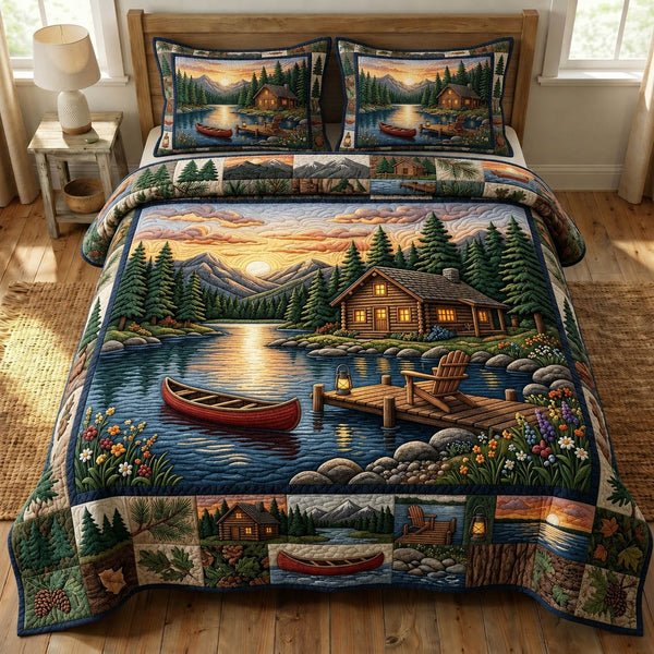 Camping Life quilted 3-piece bedding set on a made bed with two matching pillow shams