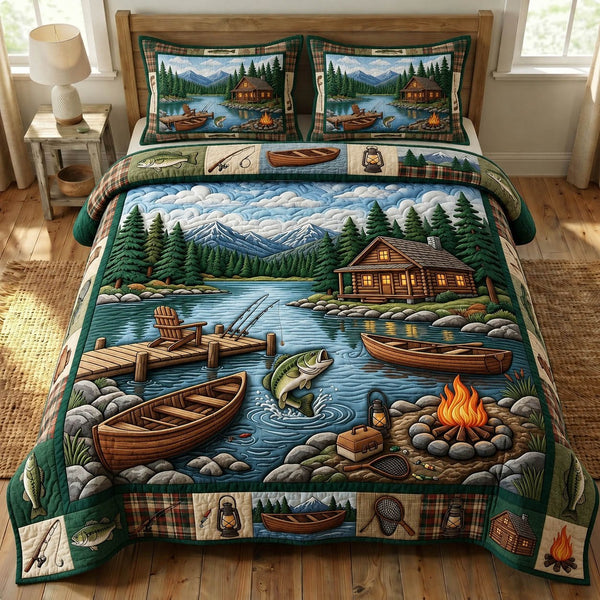 Camping Life quilted 3-piece bedding set on a made bed with two matching pillow shams