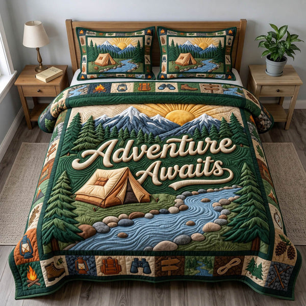 Camping Life quilted 3-piece bedding set on a made bed with two matching pillow shams