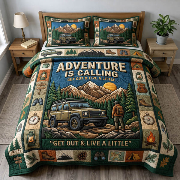 Camping Life quilted 3-piece bedding set on a made bed with two matching pillow shams