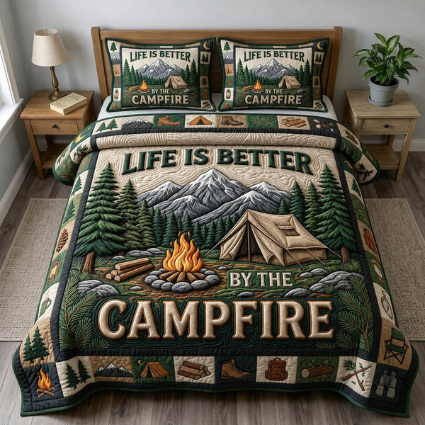 Camping Life quilted 3-piece bedding set on a made bed with two matching pillow shams