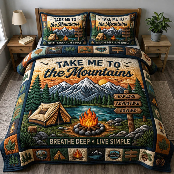 Camping Life quilted 3-piece bedding set on a made bed with two matching pillow shams