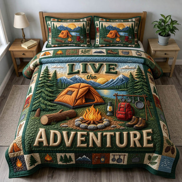 Camping Life quilted 3-piece bedding set on a made bed with two matching pillow shams