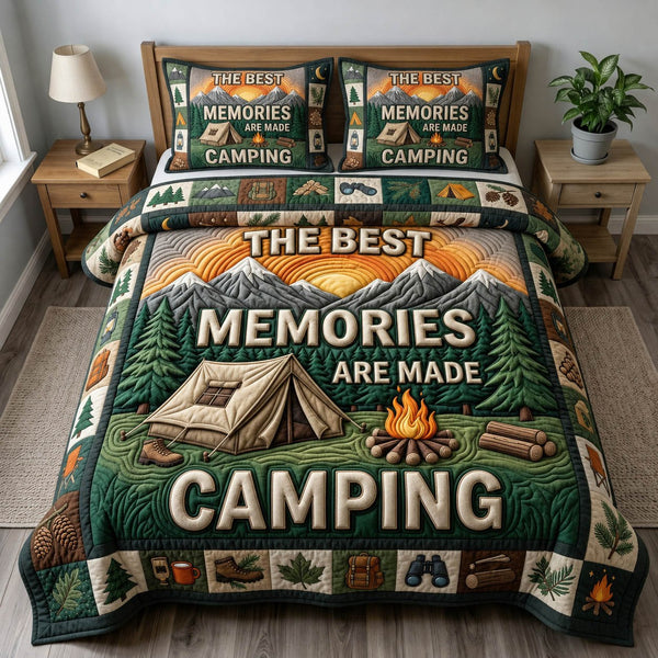 Camping Life quilted 3-piece bedding set on a made bed with two matching pillow shams