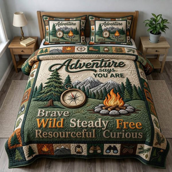 Camping Life quilted 3-piece bedding set on a made bed with two matching pillow shams