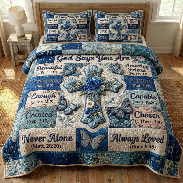 Floral Bible 3-Piece Quilted Bedding Set - Design 41 — quilt and two matching pillow shams