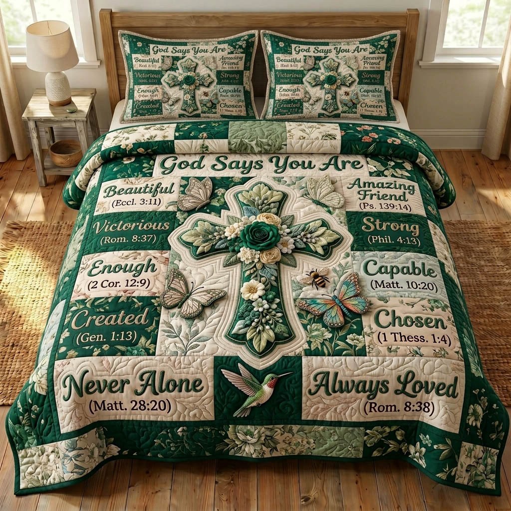Floral Bible 3-Piece Quilted Bedding Set - Design 42 — quilt and two matching pillow shams
