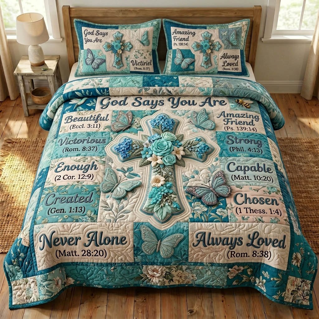 Floral Bible 3-Piece Quilted Bedding Set - Design 45 — quilt and two matching pillow shams
