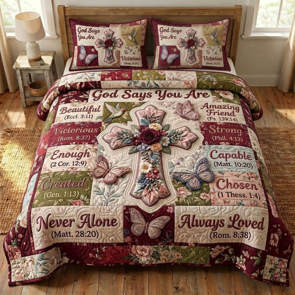Floral Bible 3-Piece Quilted Bedding Set - Design 46 — quilt and two matching pillow shams