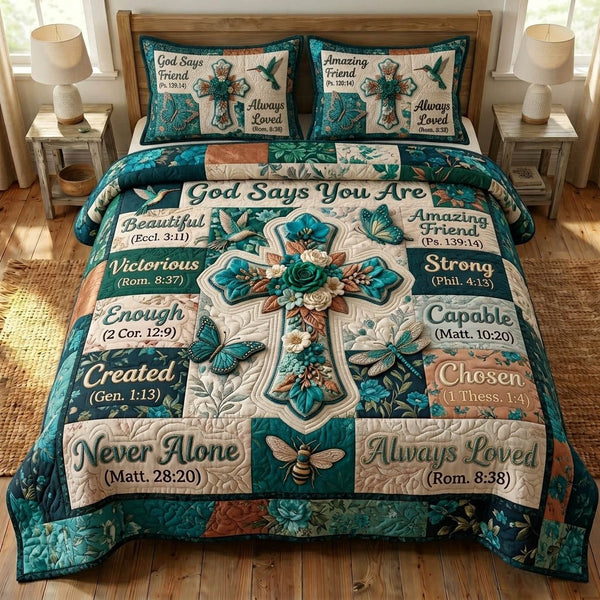 Floral Bible 3-Piece Quilted Bedding Set - Design 47 — quilt and two matching pillow shams