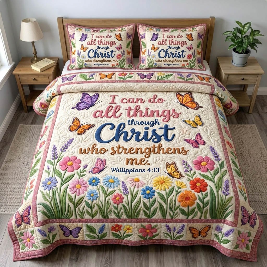 Floral Bible 3-Piece Quilted Bedding Set - Design 50 — quilt and two matching pillow shams