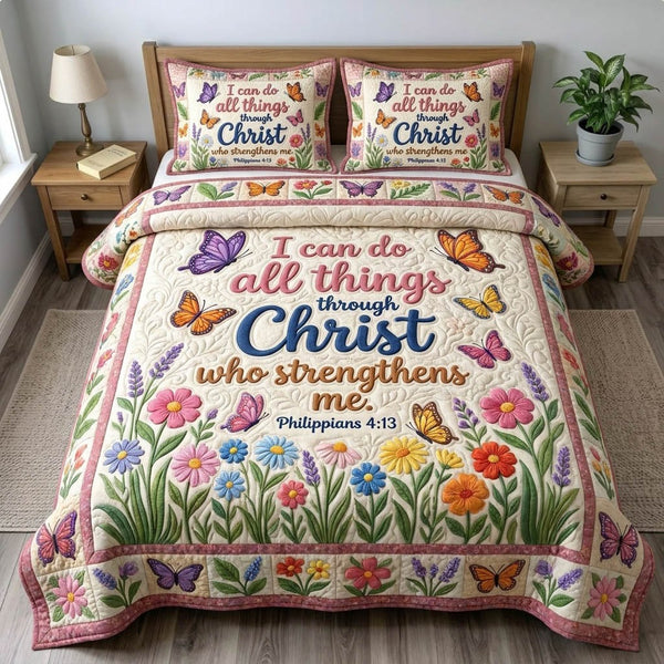 Floral Bible 3-Piece Quilted Bedding Set - Design 50 — quilt and two matching pillow shams