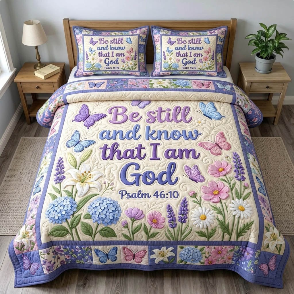 Floral Bible 3-Piece Quilted Bedding Set - Design 51 — quilt and two matching pillow shams