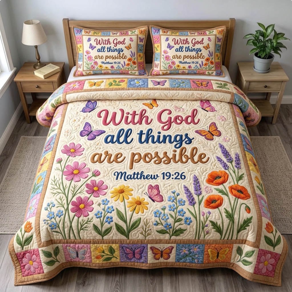 Floral Bible 3-Piece Quilted Bedding Set - Design 53 — quilt and two matching pillow shams