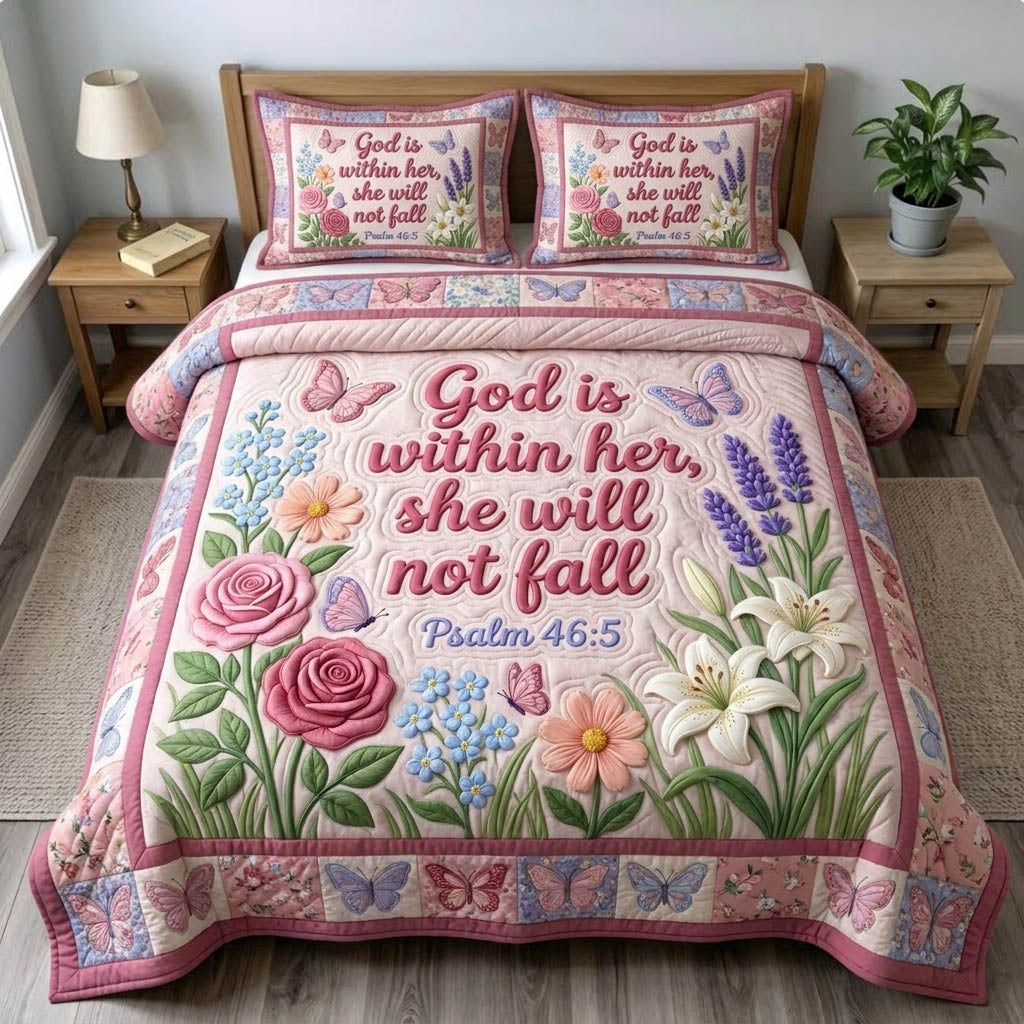 Floral Bible 3-Piece Quilted Bedding Set - Design 54 — quilt and two matching pillow shams