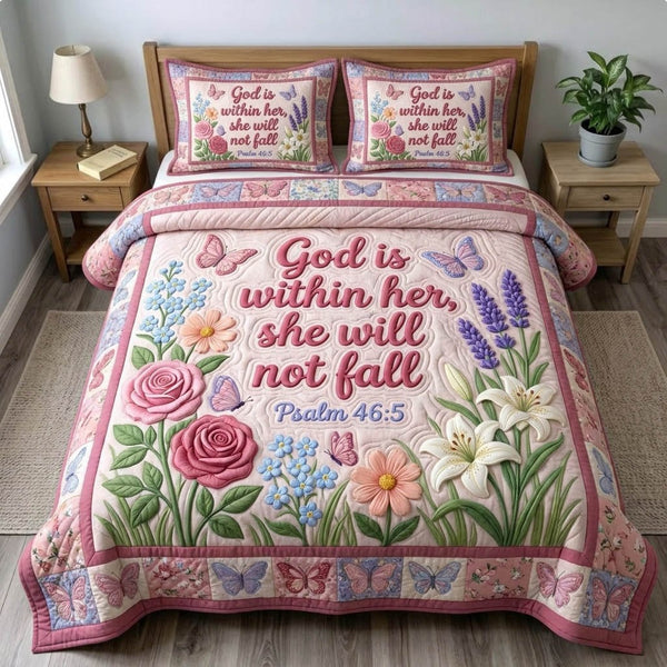 Floral Bible 3-Piece Quilted Bedding Set - Design 54 — quilt and two matching pillow shams