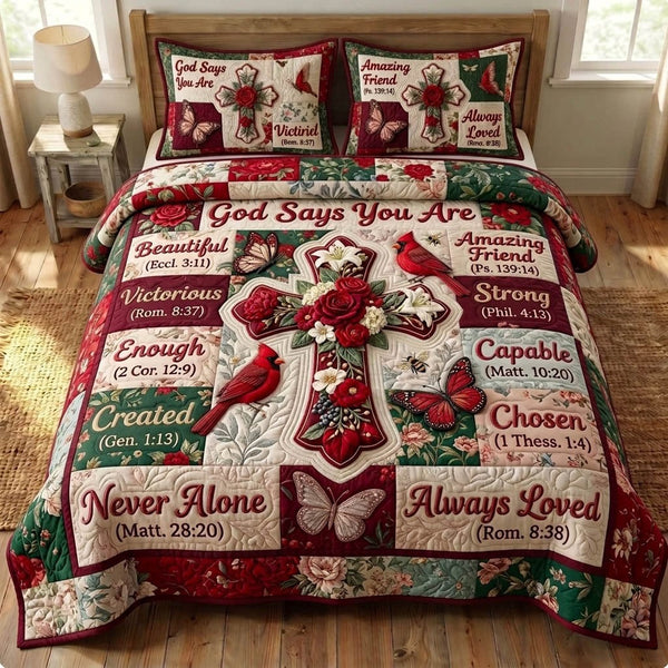 Cardinal Christian quilted 3-piece bedding set on a made bed in a softly lit bedroom